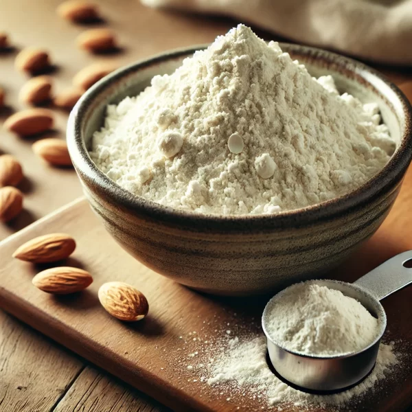 Blanched Flour in a wooden bowl with a measuring cup next to it. Almonds are scattered around the bowl.